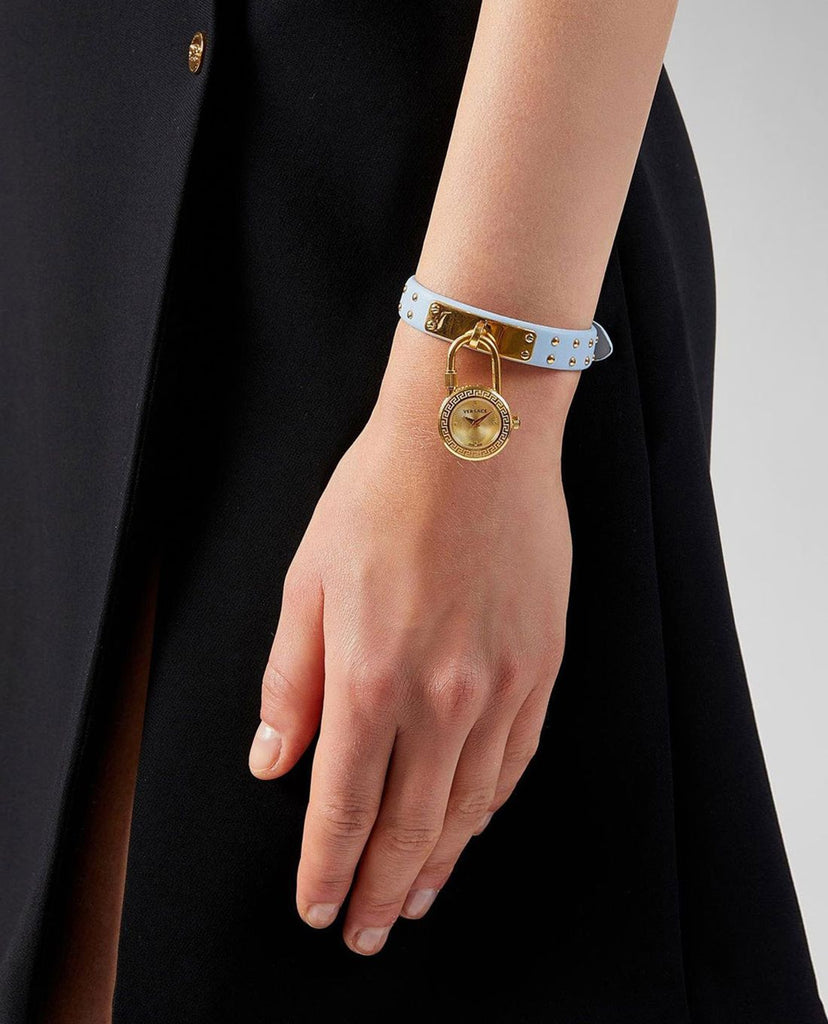 Versace Medusa Lock Icon Quartz Gold Dial Pink & Blue Leather Strap Watch For Women - VEDW00219