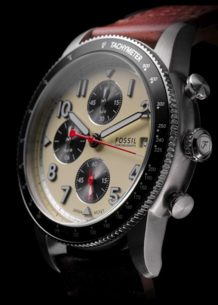 Fossil Sport Tourer Chronograph White Dial Brown Leather Strap Watch for Men - FS6042