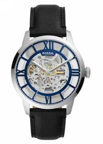 Fossil Townsman Automatic Skeleton Blue Dial Black Leather Strap Watch for Men - ME3200