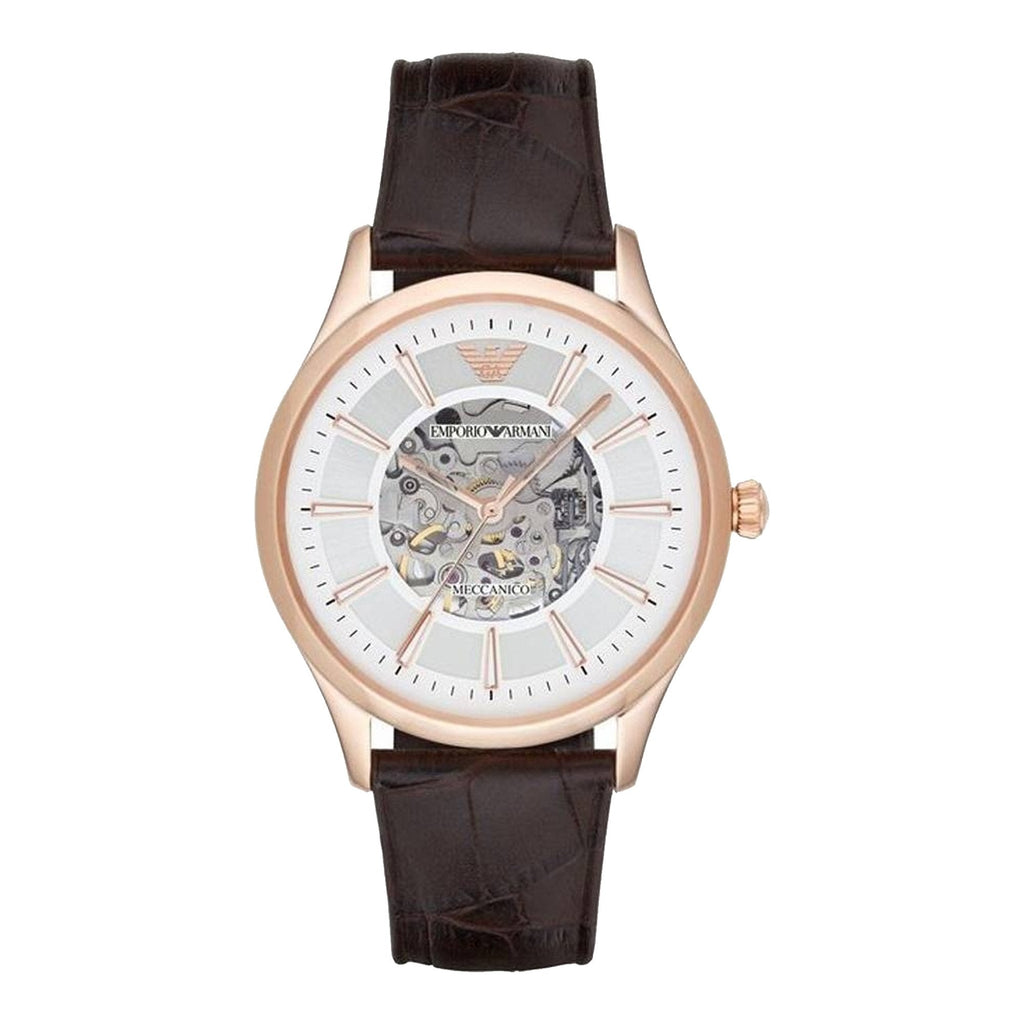 Emporio Armani Epoca White Skeletal Dial Black Leather Strap Watch For Men - AR2073