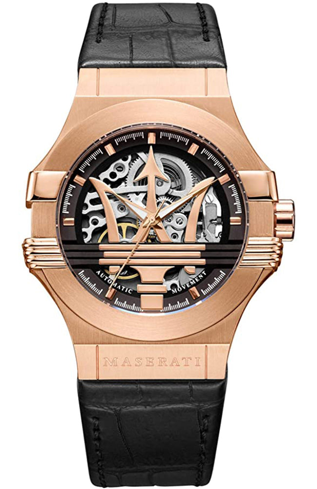 Maserati Potenza Automatic Skeleton Black Dial Black Leather Strap Watch For Men - R8821108039