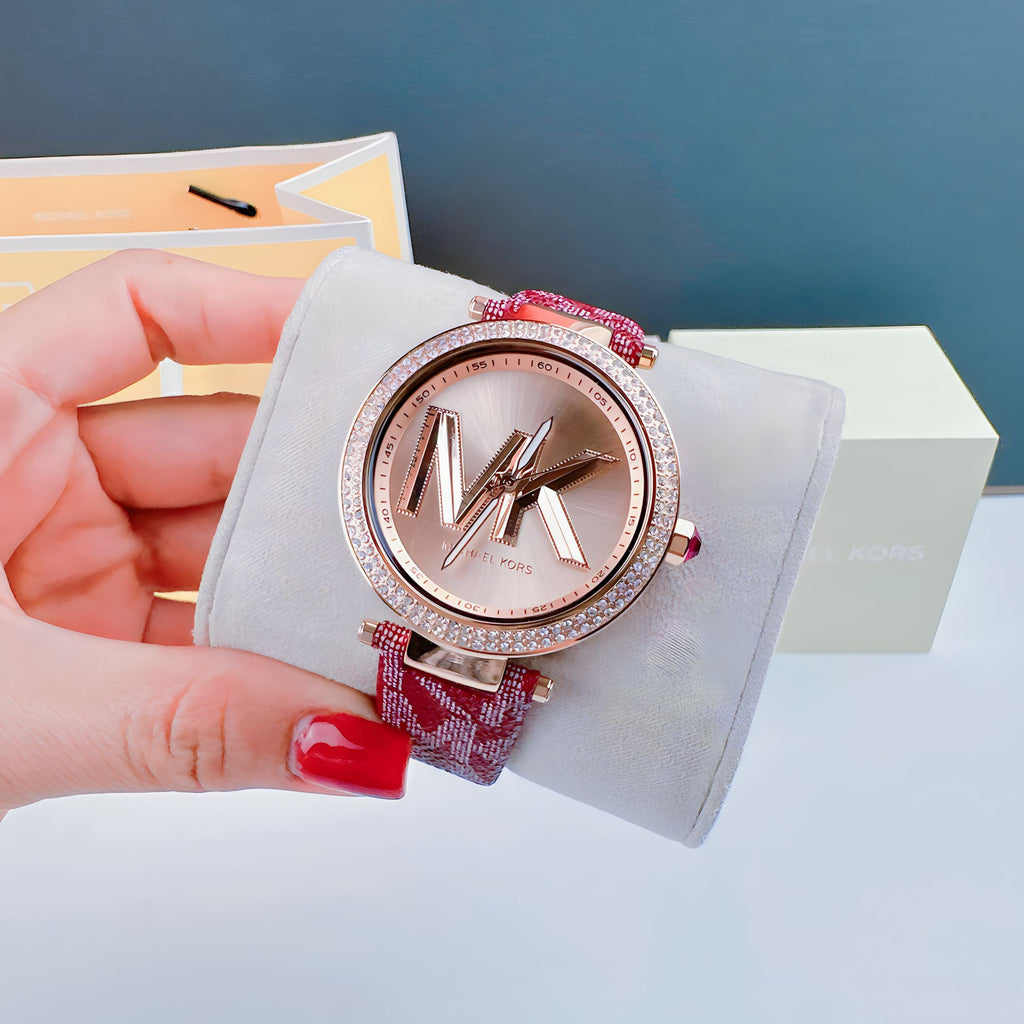 Michael Kors Parker Rose Gold Dial Maroon Leather Strap Watch For Women - MK2974