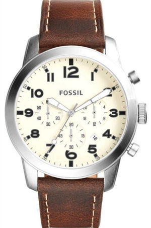 Fossil Pilot Chronograph White Dial Brown Leather Strap Watch for Men - FS5146