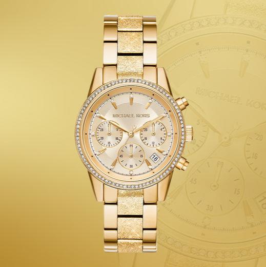 Michael Kors Ritz Chronograph Gold Dial Gold Steel Strap Watch For Women - MK6597