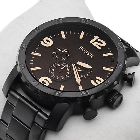 Fossil Nate Chrongraph Ion Plated Black Dial Black Steel Strap Watch for Men - JR1356