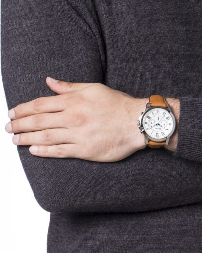 Fossil Grant Chronograph White Dial Brown Leather Strap Watch for Men - FS5060