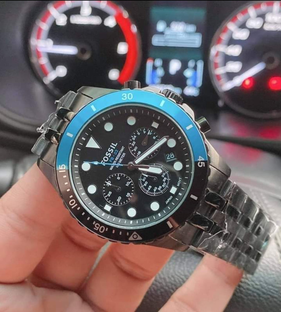 Fossil watch with blue bezel