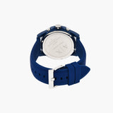 Blue wristwatch with silver face and band.