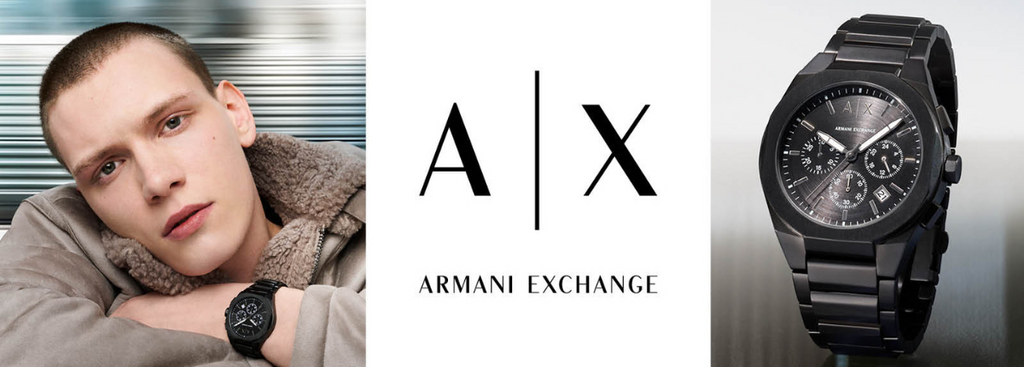 Armani Exchange watch ad with model and logo.