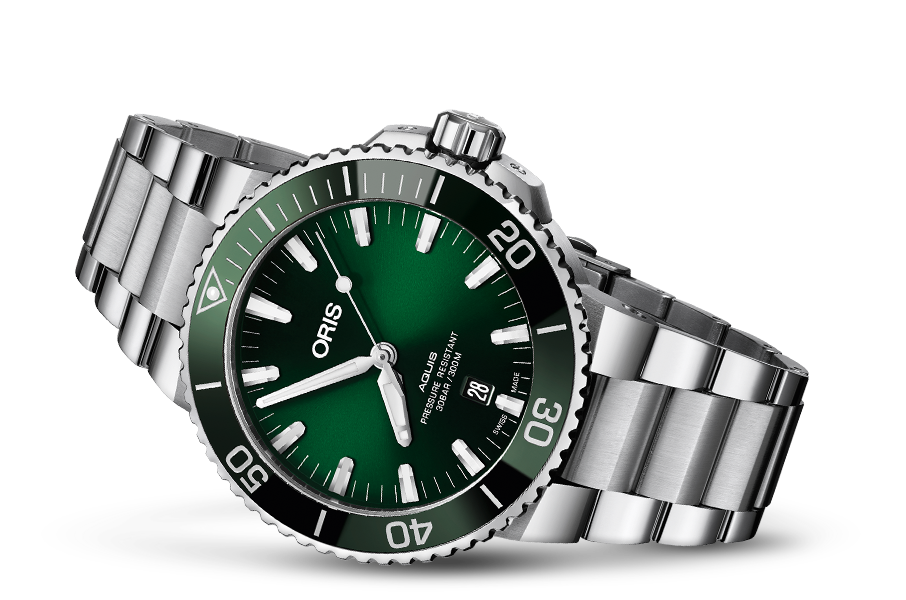 Oris Aquis Date Green Dial Silver Steel Strap Watch for Men - 0173377304157-0782405PEB