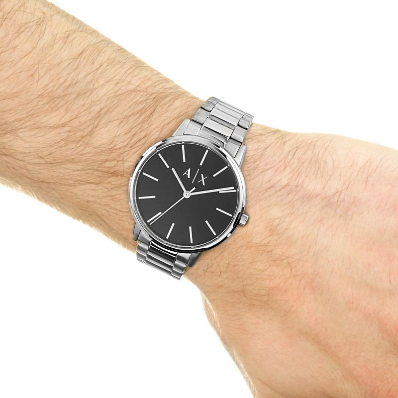 Armani Exchange men's watch with black dial and silver band