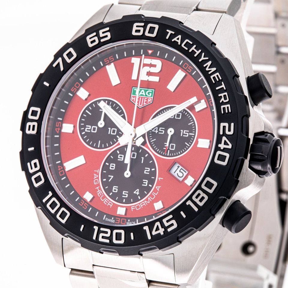 Tag Heuer Formula 1 Chronograph Red Dial Silver Steel Strap Watch for Men - CAZ101AN.BA0842