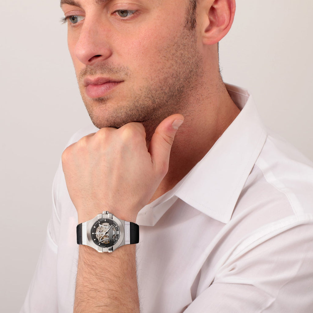 Maserati Potenza Automatic Black Dial Black Leather Strap Watch For Men - R8821108038