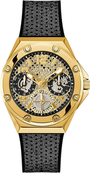Guess Asteria Multifunction Gold Dial Black Rubber Strap Watch For Women - GW0620L2