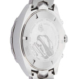 Back of a silver watch with text and a logo.