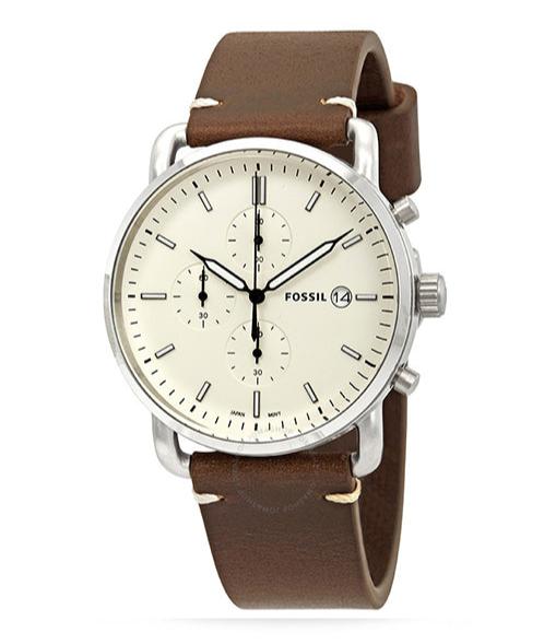 Fossil The Commuter White Dial Brown Leather Strap Watch for Men - FS5402