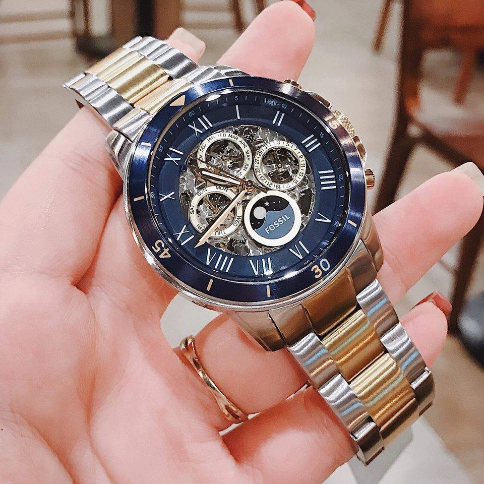 Fossil Grant Sport Automatic Skeleton Blue Dial Two Tone Steel Strap Watch for Men - ME3141