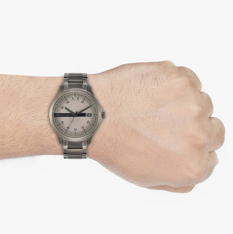 Gunmetal watch on wrist