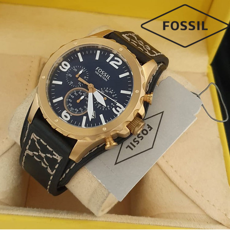 Fossil Nate Chronograph Blue Dial Brown Leather Strap Watch for Men - JR1505