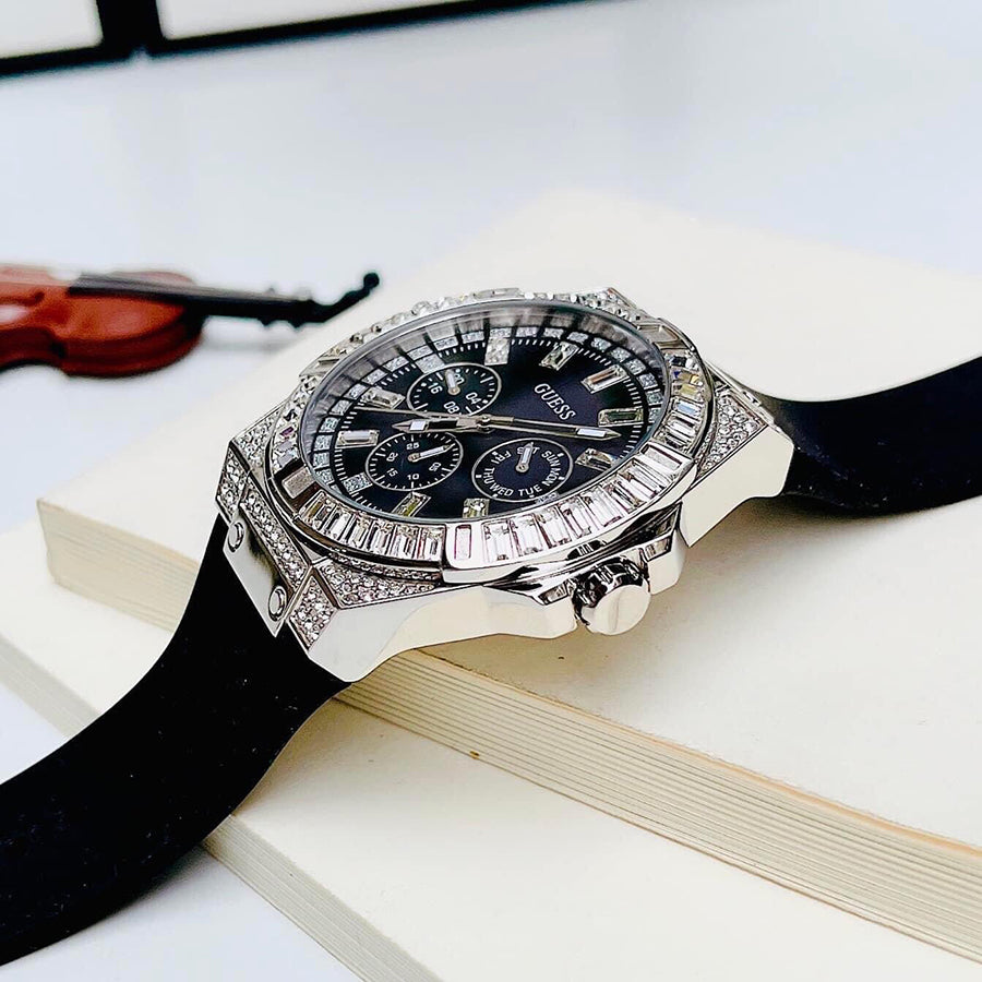 Guess Baguette Crystals Black Dial Black Silicone Strap Watch For Men - GW0208G1