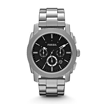 Fossil Machine Chronograph Black Dial Silver Steel Strap Watch for Men - FS4776