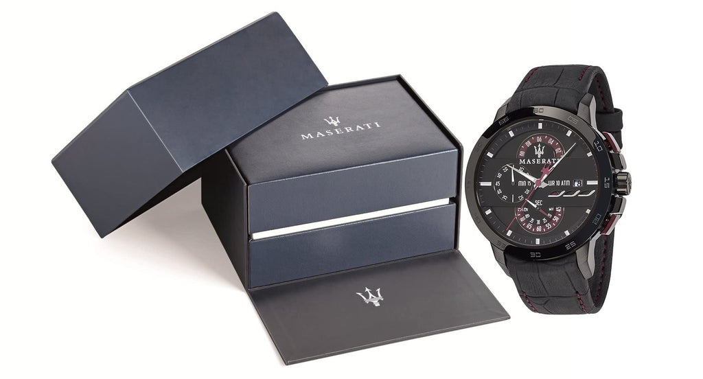 Maserati Ingegno Chronograph Black Dial Black Leather Strap Watch For Men - R8871619003