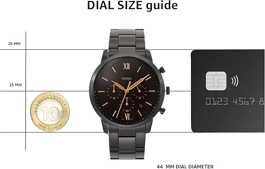 Fossil watch dial size guide with 44mm diameter comparison