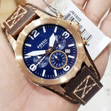 Fossil Nate Chronograph Blue Dial Brown Leather Strap Watch for Men - JR1505
