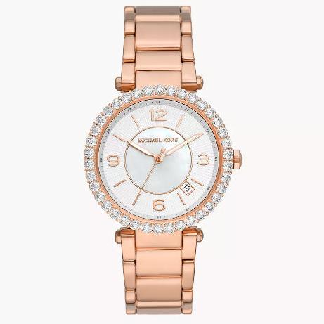 Michael Kors Parker Three-Hand Mother of Pearl White Dial Rose Gold Steel Strap Watch For Women - MK4695