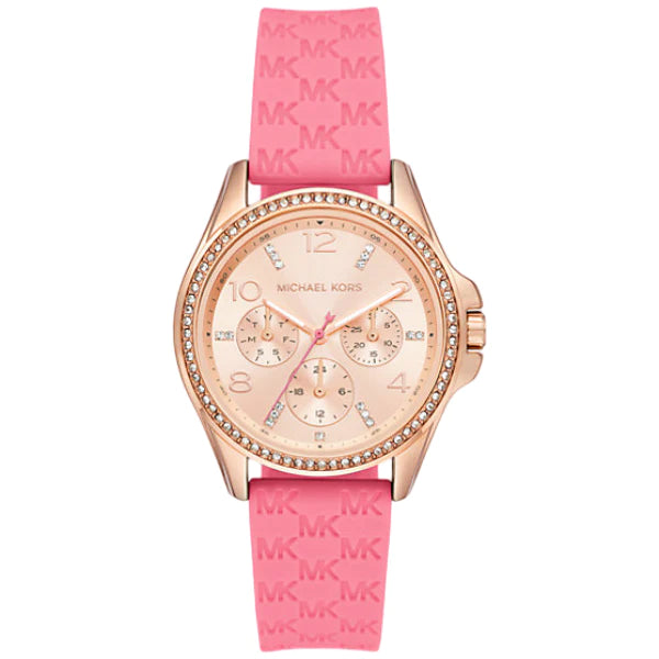 Michael Kors Mini Pilot Quartz Rose Gold Dial Pink Silicone Strap Watch For Women - MK7375