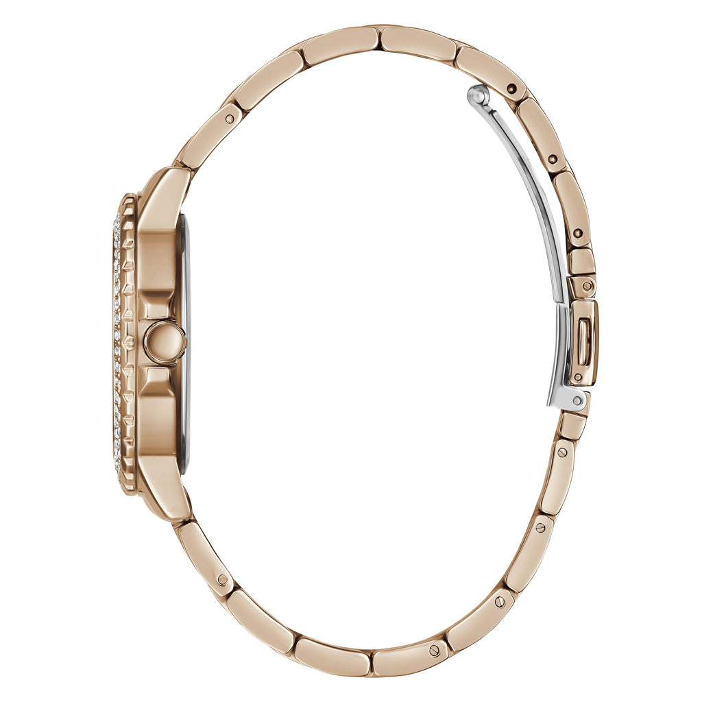 Guess Crown Jewel Multifunction Diamonds White Dial Rose Gold Steel Strap Watch For Women - GW0410L3
