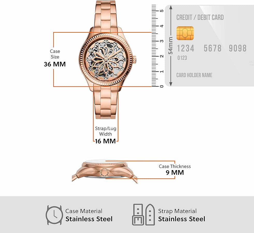 Fossil Rye Automatic Skeleton Rose Gold Dial Rose Gold Steel Strap Watch for Women - BQ3754