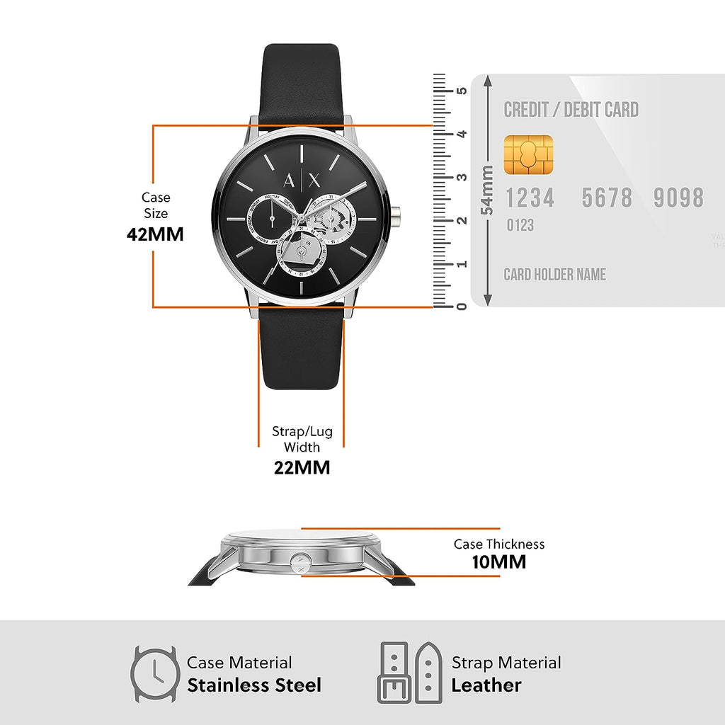 Men's black leather watch with dimensions, compared to credit card
