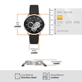 Men's black leather watch with dimensions, compared to credit card