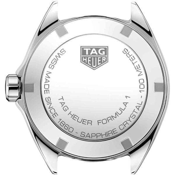 Tag Heuer Formula 1 watch back, sapphire crystal, 100m water resistance.