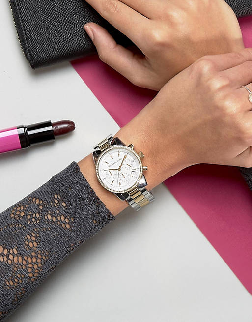 Michael Kors Ritz White Dial Two Tone Steel Strap Watch for Women - MK6474