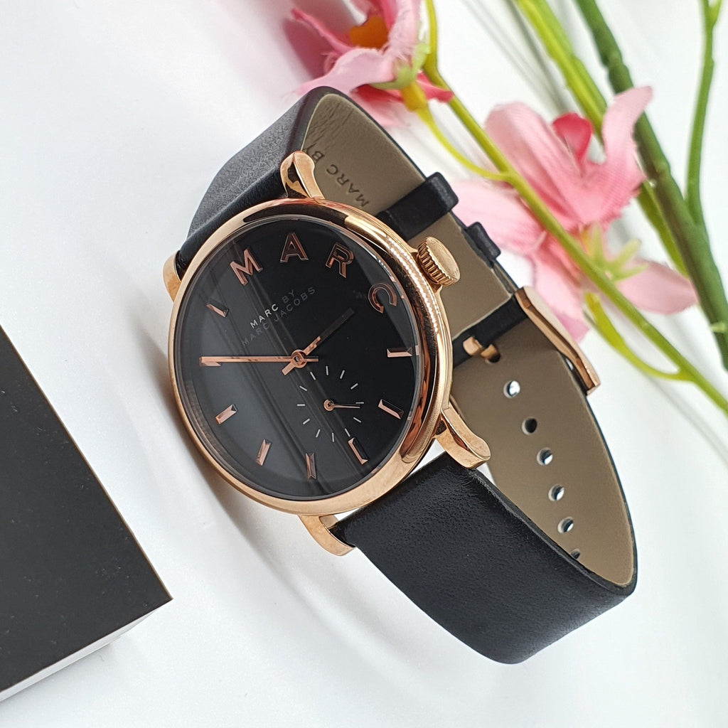Marc Jacobs Baker Black Dial Black Leather Strap Watch for Women - MBM8633