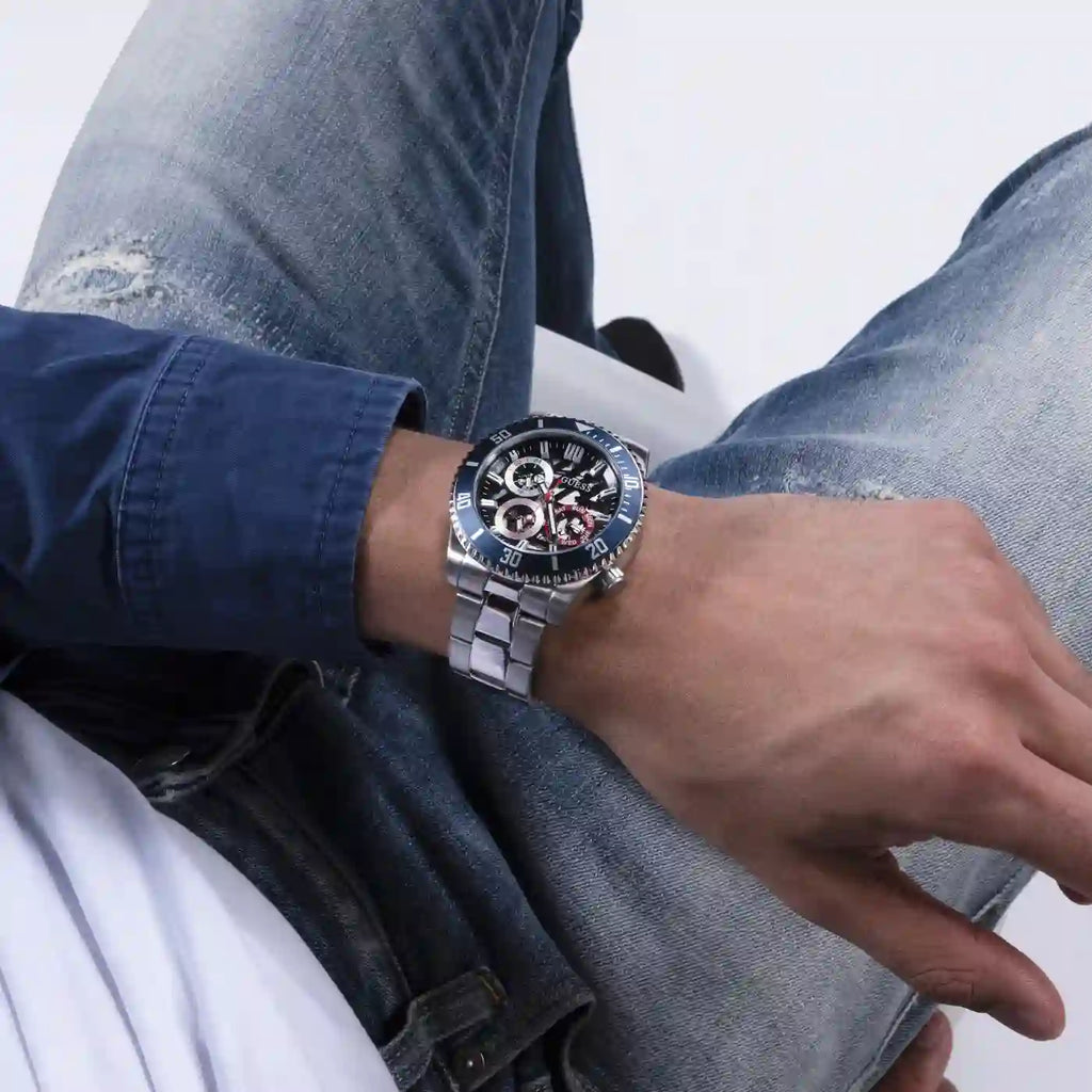 Guess Axle Multifunction Black Dial Silver Steel Strap Watch For Men - GW0488G1