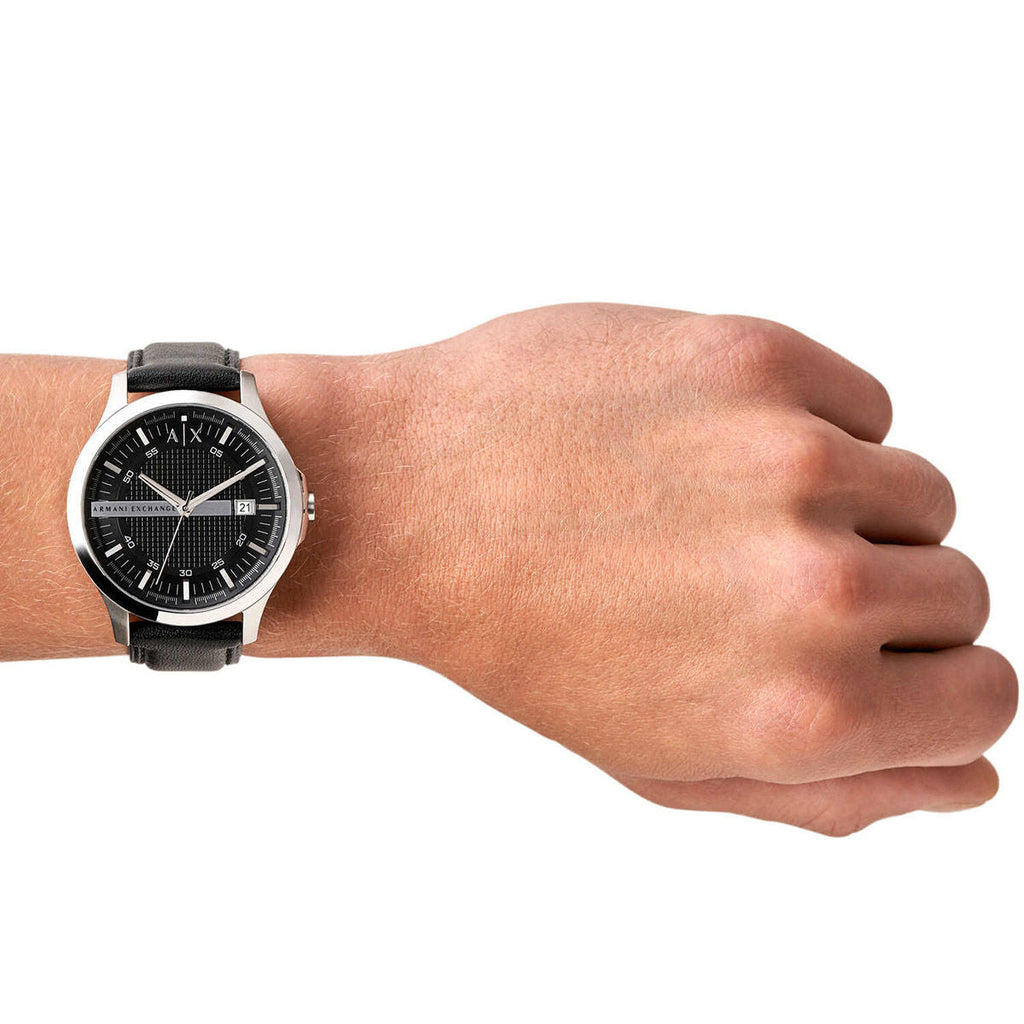 AX2101 watch on wrist, black dial & leather strap