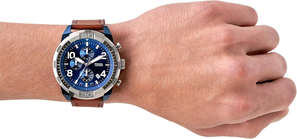 Men's wristwatch with blue face and brown leather band, image 817WT