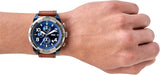 Men's wristwatch with blue face and brown leather band, image 817WT