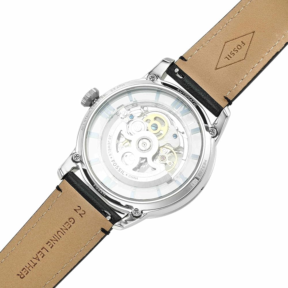 Fossil Townsman Automatic Skeleton Blue Dial Black Leather Strap Watch for Men - ME3200