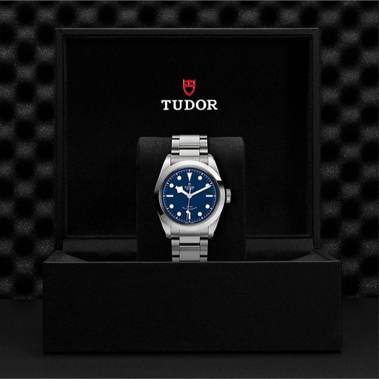 Tudor watch in black display case.