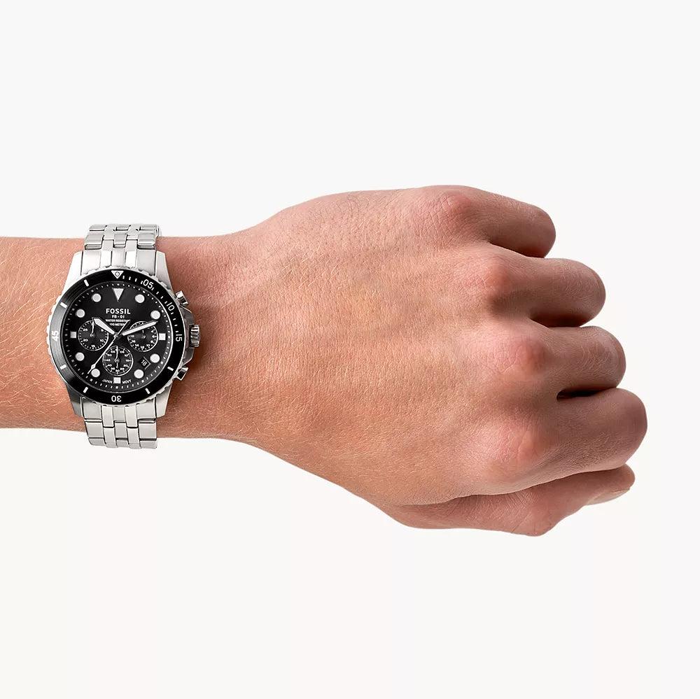 Fossil watch 8886010-3 on wrist, stainless steel and black face.