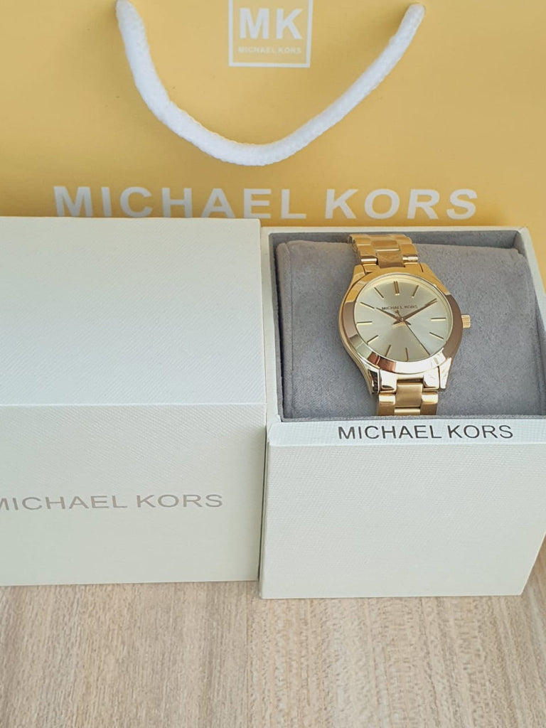 Michael Kors Mini Runway Slim Gold Dial Gold Steel Strap Watch for Women - MK3512
