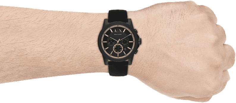 Armani Exchange black watch on wrist, product ID 91673.