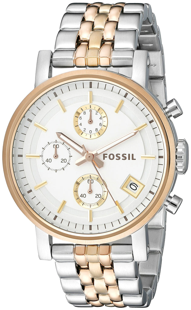 Fossil Boyfriend Chronograph White Dial Two Tone Steel Strap Watch for Women - ES3840