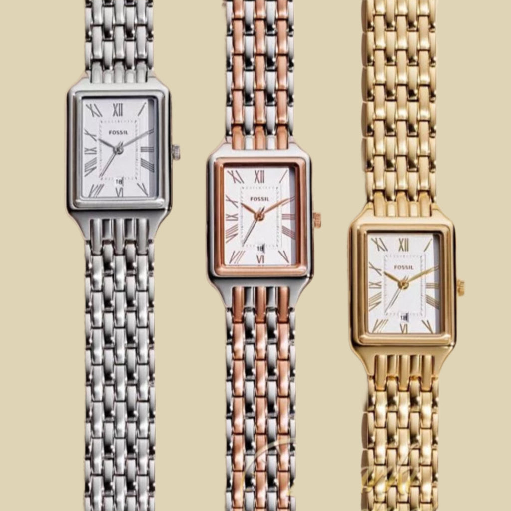 Fossil watches in silver, rose gold, and gold
