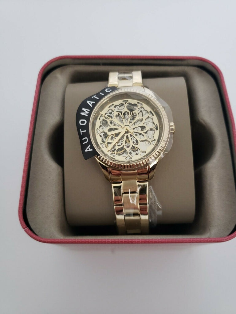 Fossil Rye Automatic Skeleton Gold Dial Gold Steel Strap Watch for Women - BQ3755