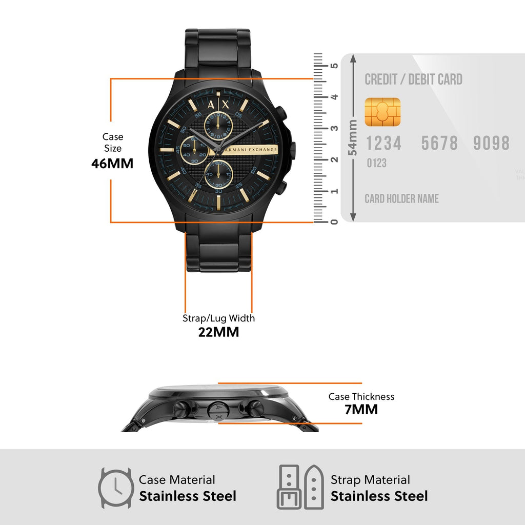 AX2164-3P-11 Black Stainless Steel Watch with Dimensions